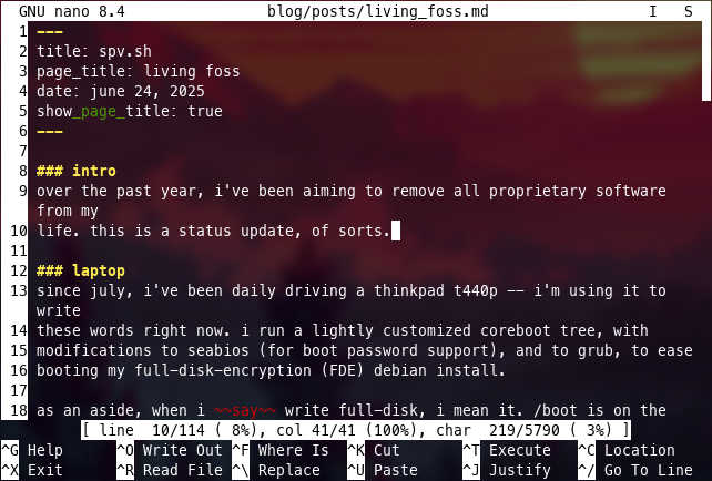 a screenshot of GNU nano editing the blog post linked in the post.